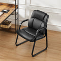 Leather Office Guest Chair No Wheels, Comfy Padded Arms And Seld Base, For Reception Conference Room Black Stainless Steel