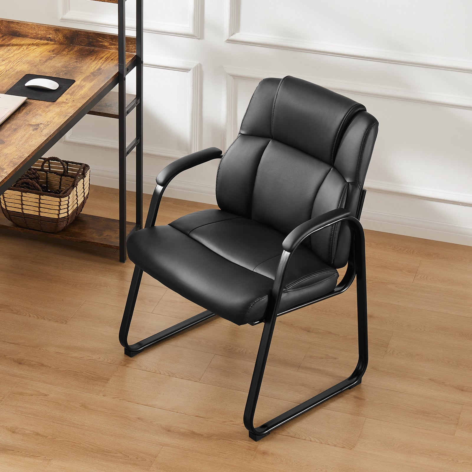 Leather Office Guest Chair No Wheels, Comfy Padded Arms And Seld Base, For Reception Conference Room Black Stainless Steel