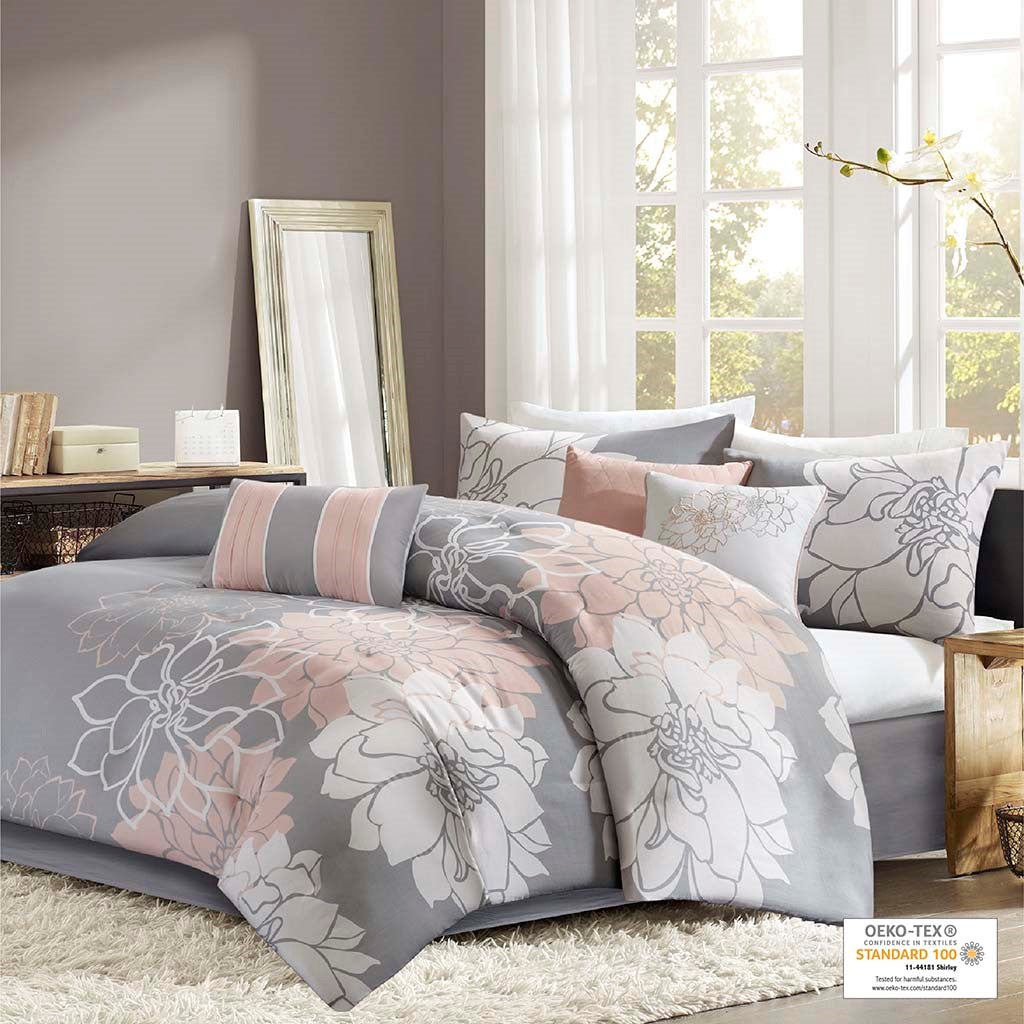 Printed Cotton Sateen Comforter Set Grey Peach Cal King California King Grey Peach Polyester