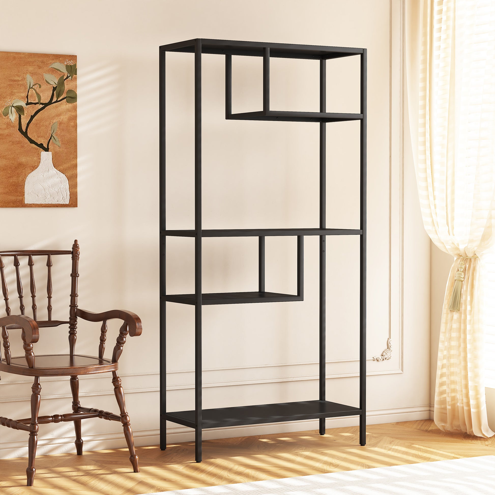 Modern Storage Shelf With 4 Compartments & Metal Legs, Freestanding Organizer,Book Shelves Display Shelves For Living Room, Bedroom, Home Office 4 Black Standard Primary Living Space Open Back Metal
