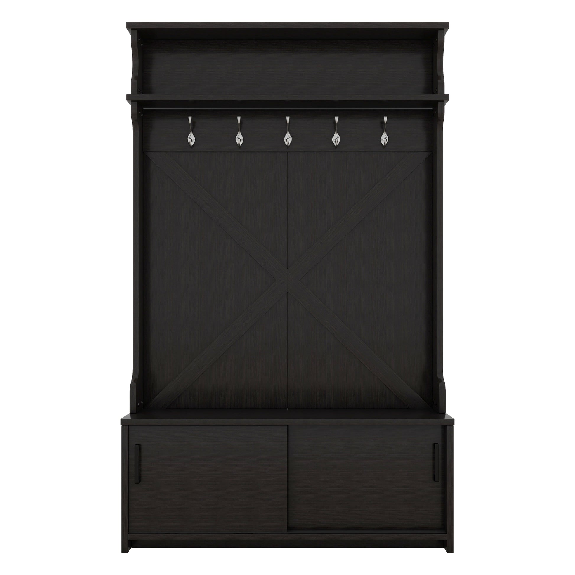 Hall Tree With Top Shelf And Storage Bench, Hallway Shoe Cabinet With Sliding Doors, Coat Rack With 5 Hanging Hooks For Entryways Hallways, Black Black Particle Board Mdf