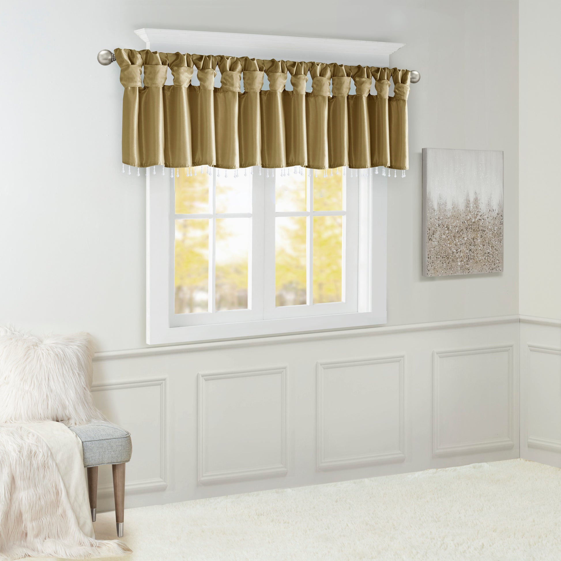 Lightweight Faux Silk Valance With Beads Bronze 50X26" Bronze Microfiber