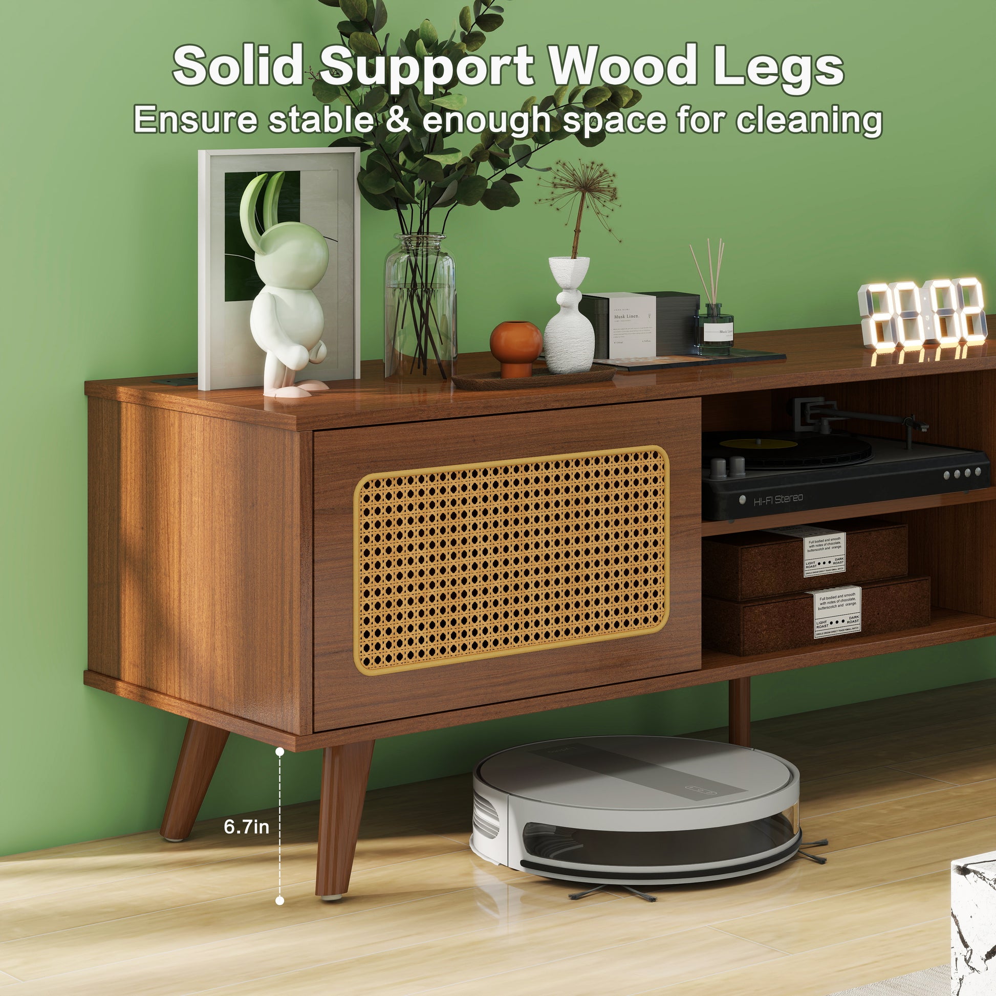 Mid Century Modern Rattan Tv Stand For 55 60 65 Inch Tventertainment Cabinet, Media Console For Living Room Bedroom Media Room, Solid Wood Feet & Rattan Cabinet Doors Walnut, 59" Black Brown Brown