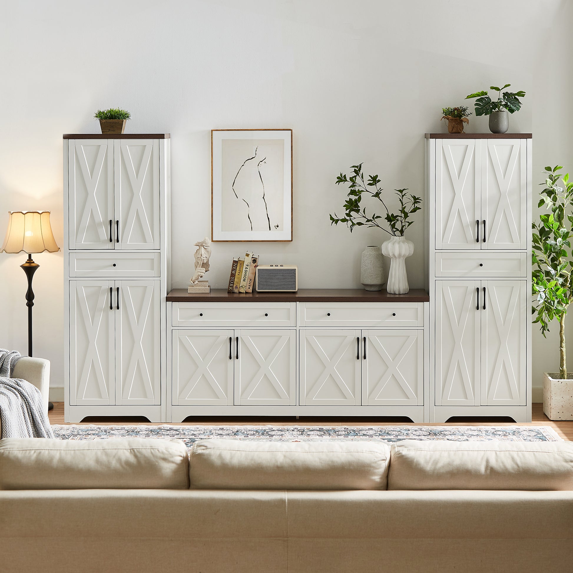 Tv Cabinet Combination Multifunctional Tv Wall For Living Room, White, 100'' X 15.7'' X 78.7''. White Walnut 60 69 Inches Particle Board Mdf