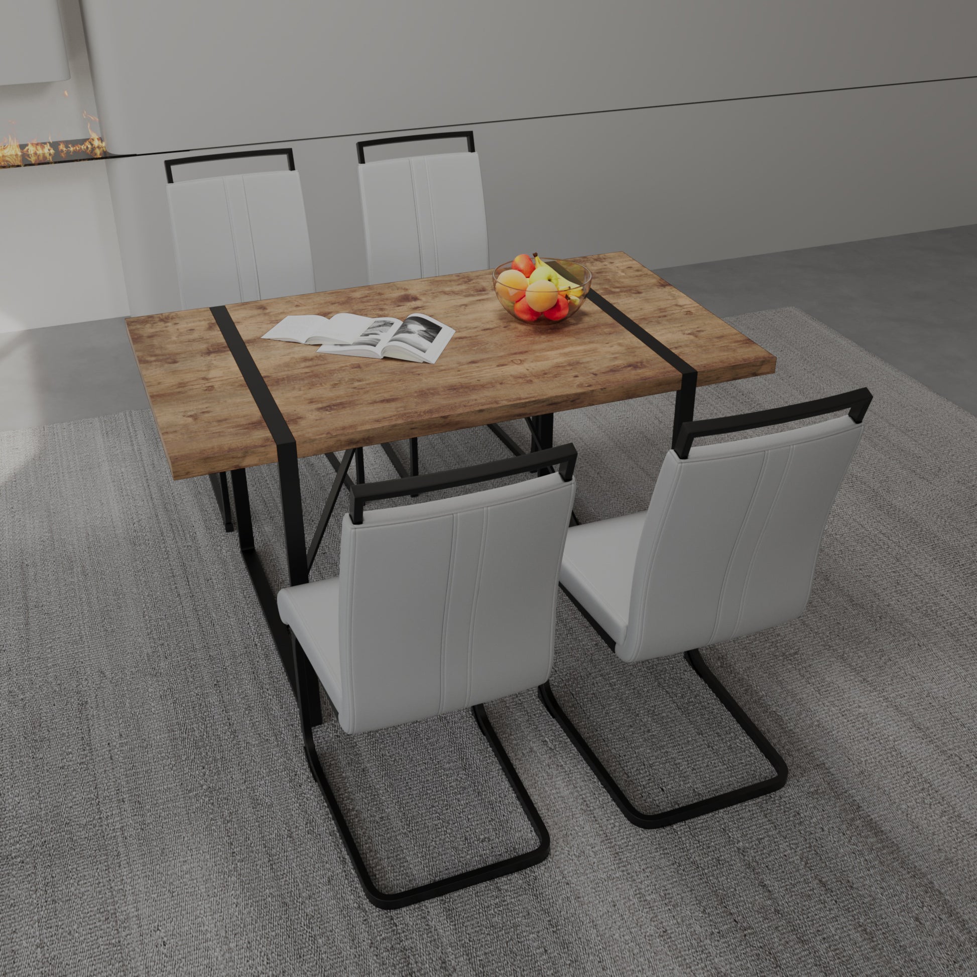 55 "Rural Industrial Rectangular Mdf Dark Wood Dining Table Set And Pu Armless Dining Chair Set 4, Kitchen Black Metal Table Leg Dining Chair Set Brown Grey Mdf