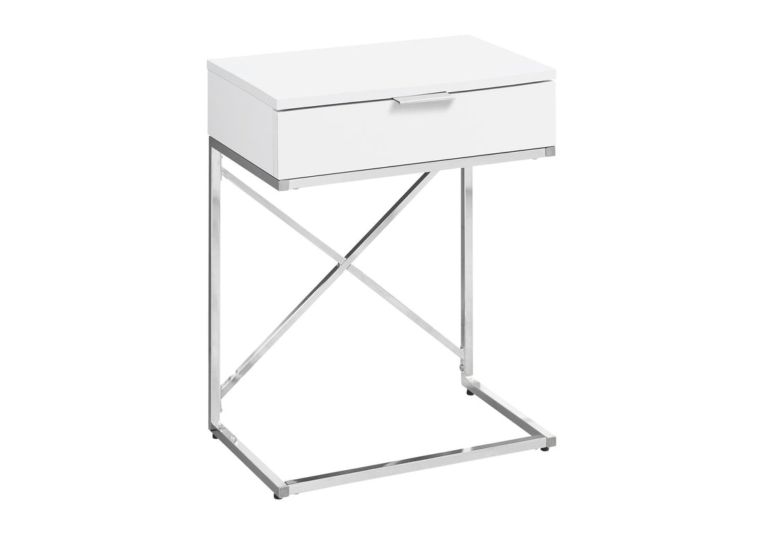 Accent Table, Side, End, Nightstand, Lamp, Storage Drawer, Living Room, Bedroom, Glossy White Laminate, Chrome Metal, Contemporary, Modern White Particle Board