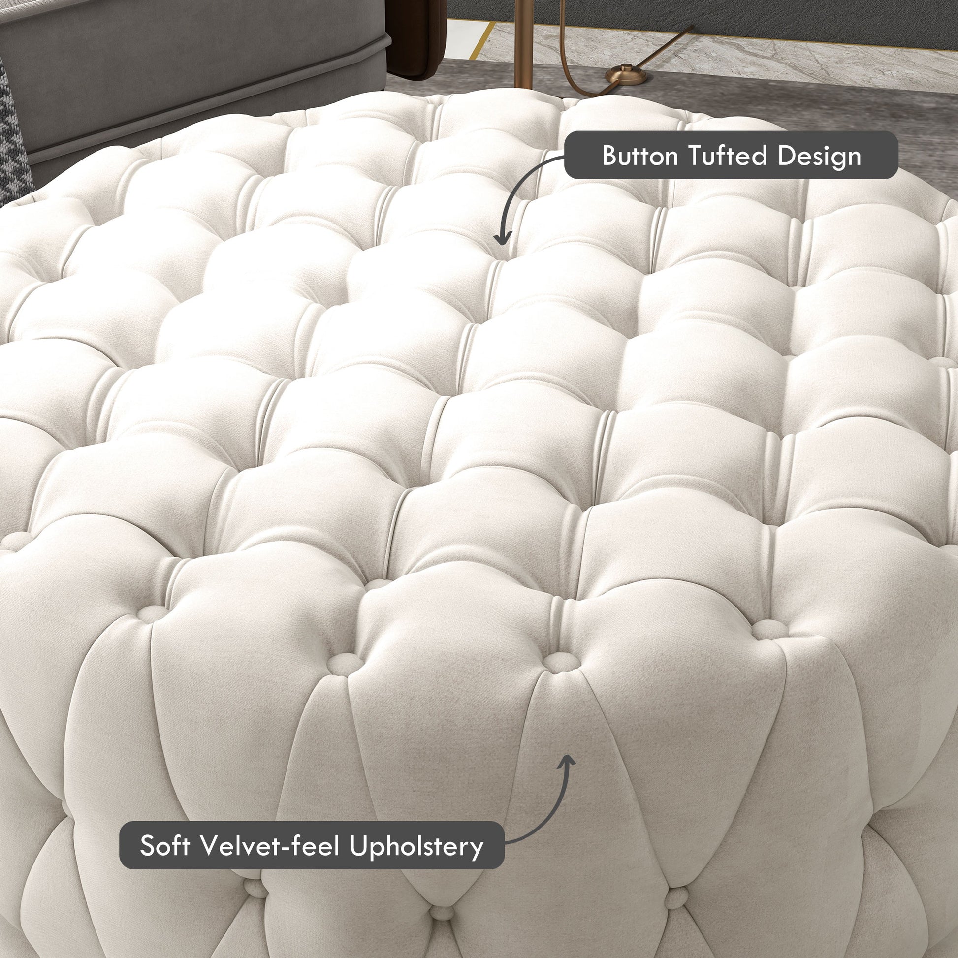 Homcom 31.5" Round Ottoman, Large Velvet Feel Upholstered Foot Stool With Button Tufted Design And Padded Seat For Living Room, Entryway, Beige Beige Polyester