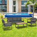 Outdoor 4 Pieces Furniture Sets Modern Aluminum Patio Conversation Sets Sofa W Blue Cushion Faux Wood Grain Frame Coffee Table For Garden Courtyard Poolside Yes Dining Set Grey Weather Resistant Frame Water Resistant Cushion Garden & Outdoor Modern