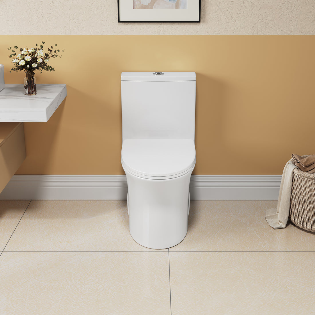 1.1 1.6 Gpf Elongated Comfort Height Floor Mounted One Piece Toilet, Cupc Certified, Watersense Cetified, Ceramic, White Color, Soft Close Seat White Ceramic
