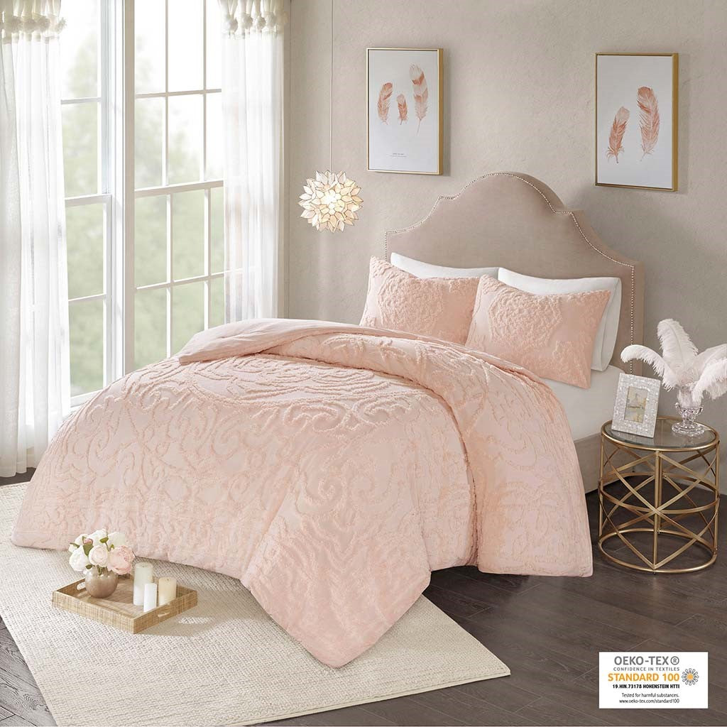 3 Piece Tufted Cotton Chenille Medallion Comforter Set Blush King Cal King King Blush Cotton