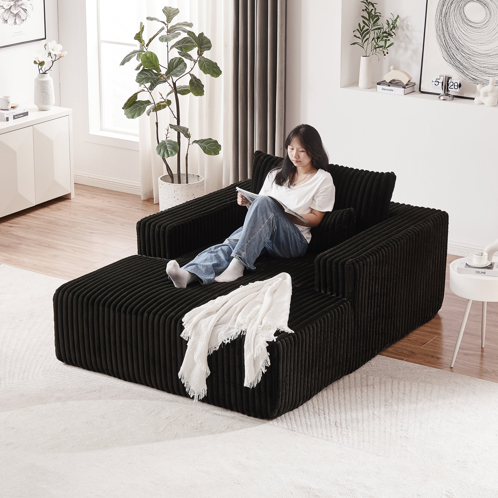 75 Inch Corduroy Sponge Sofa Lounge Chair,No Assembly Required,Fluffy Modern Sleeper Chair For Indoor Living Room Bedroom Black Foam Corduroy 1 Seat