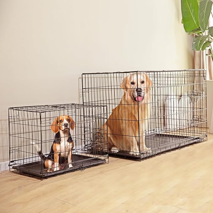 Folding Metal Wire Dog Crate, 30 Inch Durable, Foldable, Collapsible Double Door Dog Crate With Removable Leak Proof Pan, Portable Dogs Crate With Divider, Black Black Iron