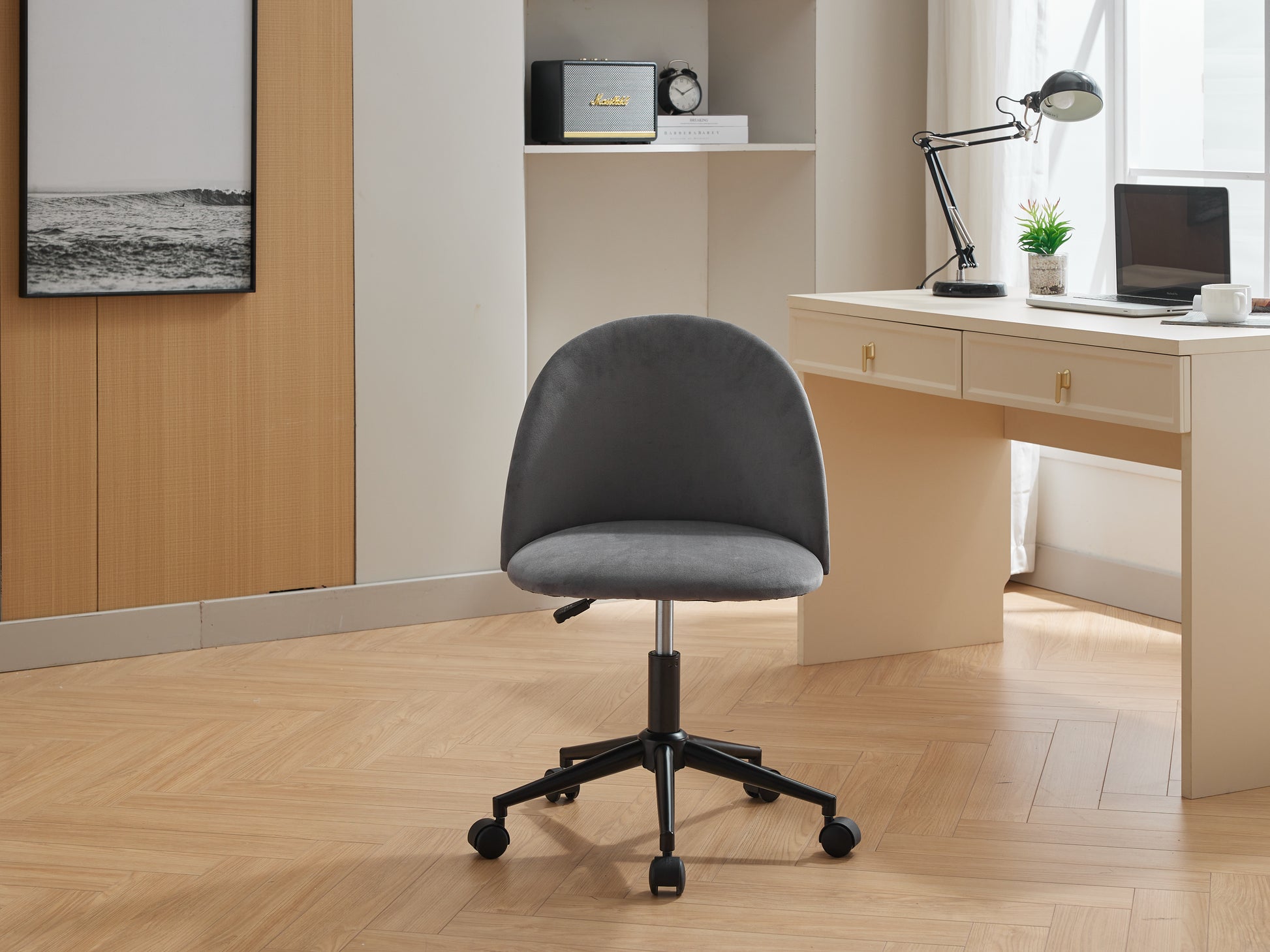 Velvet Fabric Office Chair Desk Chair, Mid Back Adjustable Swivel Computer Chair With Black Legsmodern Upholstered Desk Chair With Wheels Grey Black Foam Polyester Blend
