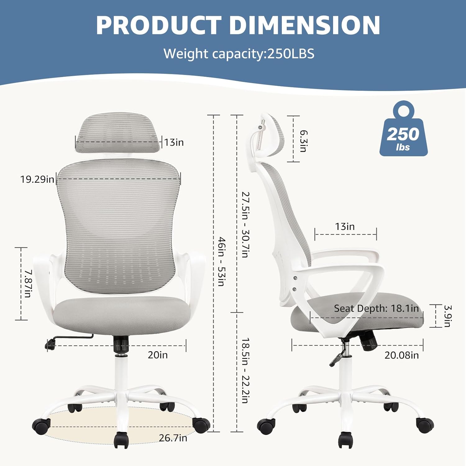 High Back Mesh Rolling Work Task Chairs With Wheels And Adjustable Headrests, Comfy Lumbar Support, Armrest For Bedroom, Gaming, Grey Grey Metal