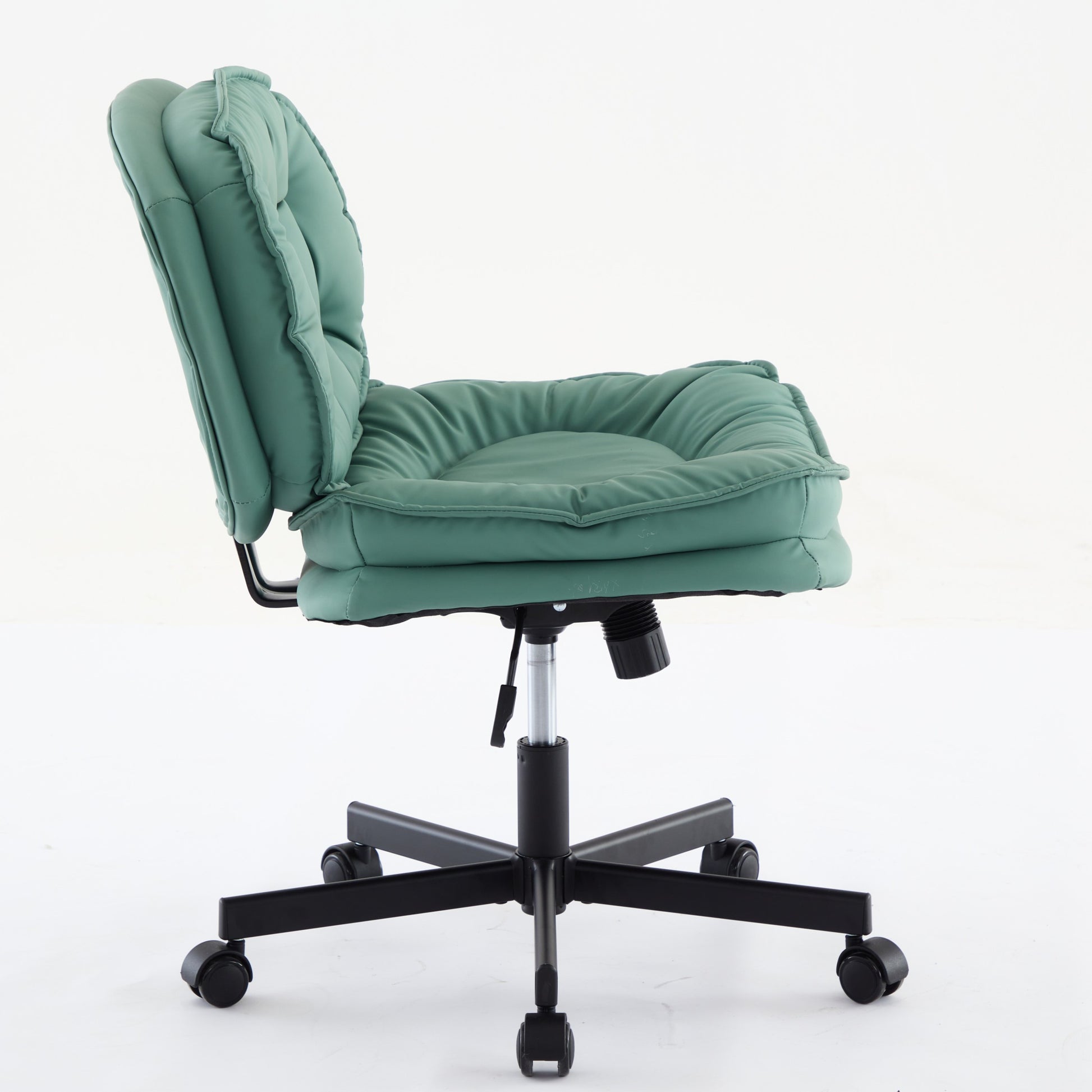 Armless Office Desk Chair With Wheels: Pu Leather Cross Legged Wide Chair,Comfortable Adjustable Swivel Computer Task Chairs For Home,Office,Make Up,Small Space,Bed Room Green Antique Fiber Foam And Polyester Fiber Pad Pvc