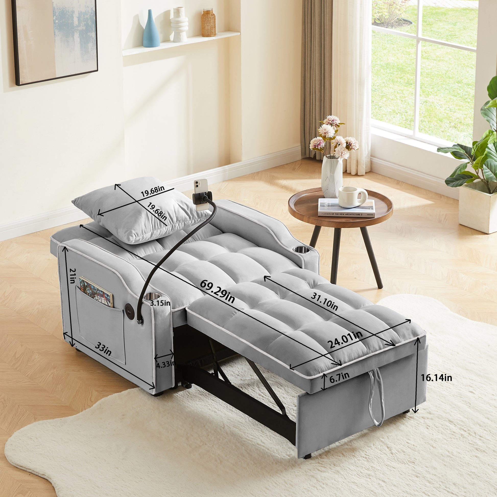 3 In 1 Sofa Bed, Convertible Sleeper Chair Sofa Bed Adjustable Pull Out Sleeper Chair Bed Multi Pockets Folding Sofa Bed For Living Room Bedroom Small Space Grey Grey Velvet 1 Seat