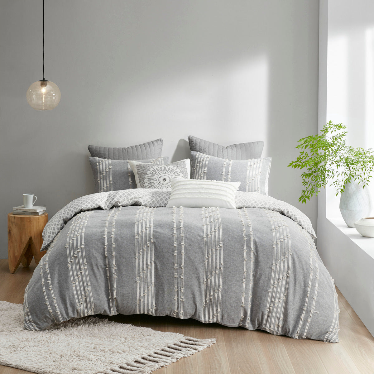 3 Piece Cotton Jacquard Duvet Cover Set King Gray Cotton