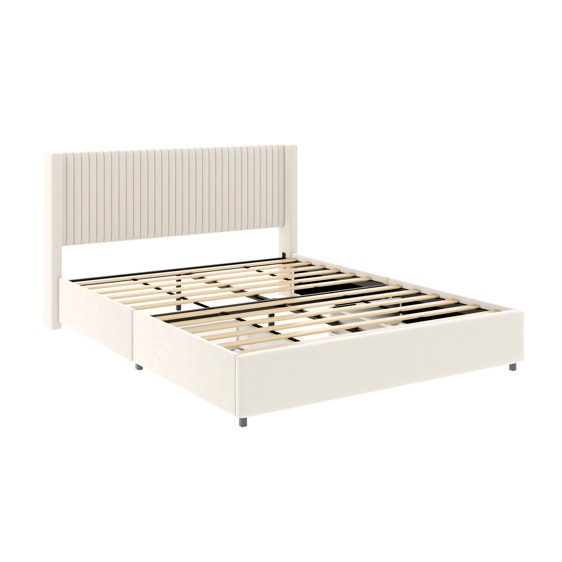 Anna Patented 2 Drawer Storage Bed Queen Size Ivory Velvet Upholstered Wingback Platform Bed, Modern Design Headboard With Tight Channel, Wooden Slat Mattress Support No Box Spring Needed Box Spring Not Required Queen Ivory Metal Bedroom