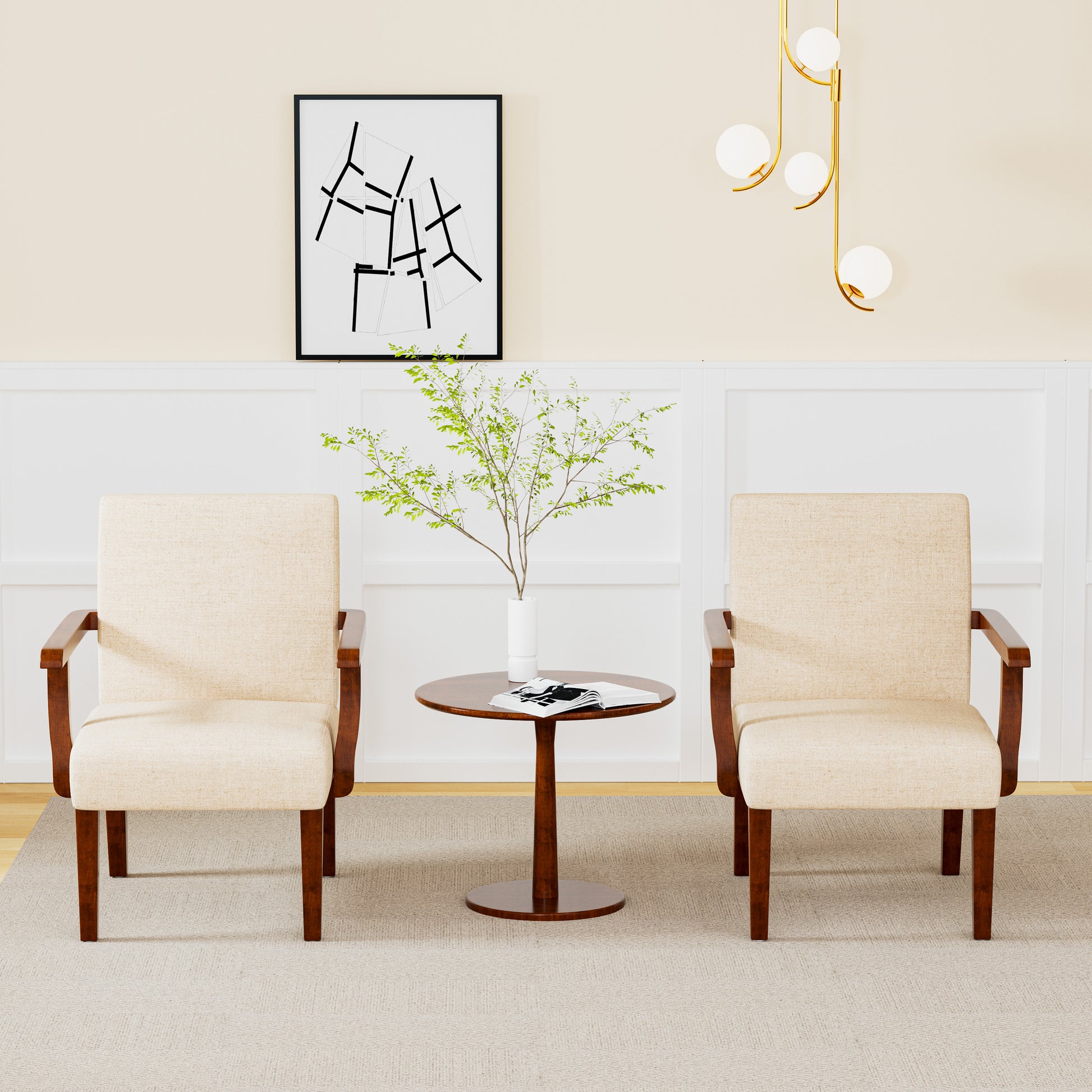 Fabric Accent Arm Chair Set Of 2 With Round Wood Table Beige Fabric