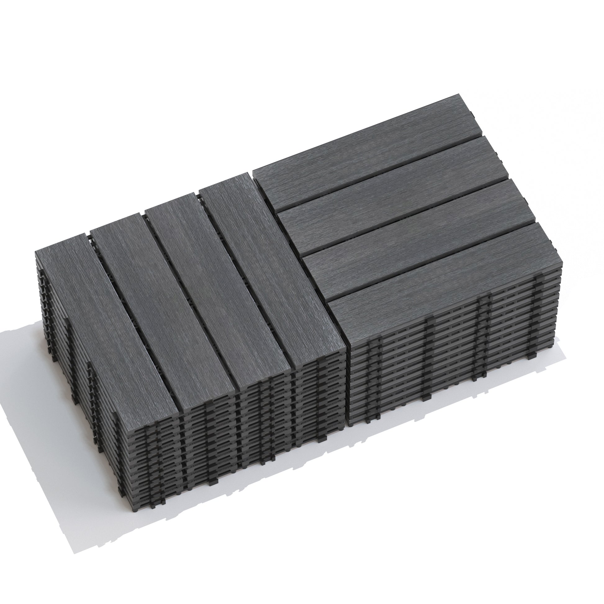 Patio Floor Tiles Pack Of 11 Wpc Wood Plastic Composite Patio Deck Tiles Diy Interlocking Decking Tiles, Quick Deck Floor Tile, Court Tile, Water Resistant Indoor Outdoor 11.8" Ash Dark Gray Plastic
