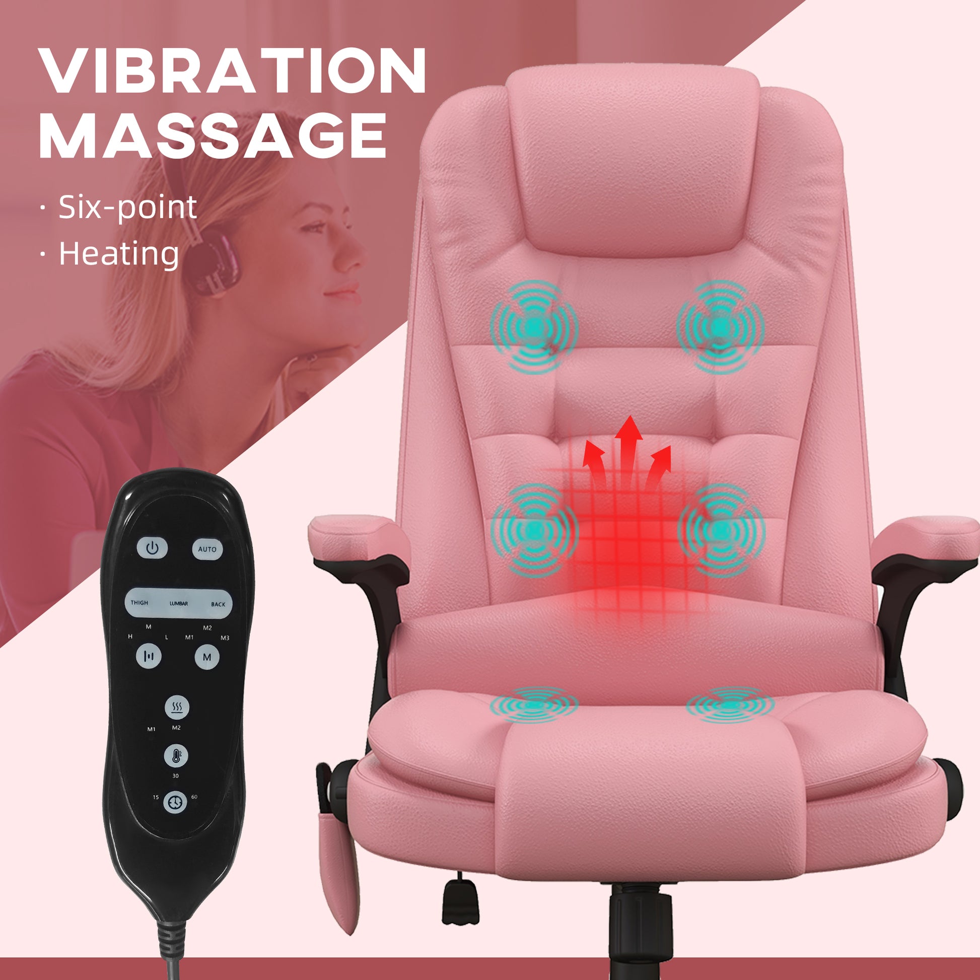 Homcom High Back Vibration Massage Office Chair With 6 Vibration Points, Heated Reclining Pu Leather Computer Chair With Armrest And Remote, Pink Pink Pu