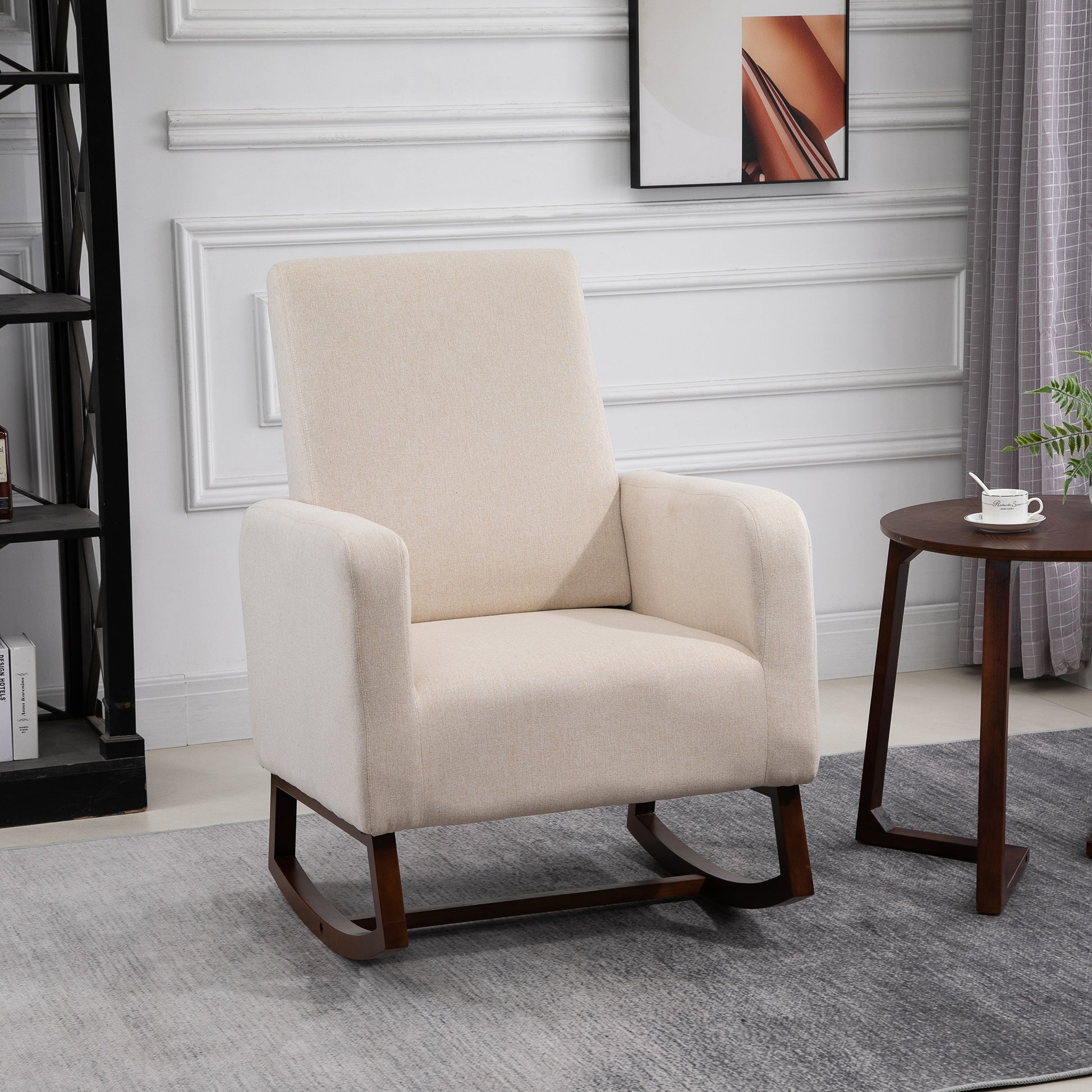 Homcom Accent Lounge Rocking Chair With Solid Curved Wood Base And Linen Padded Seat, Cream White Cream White Linen
