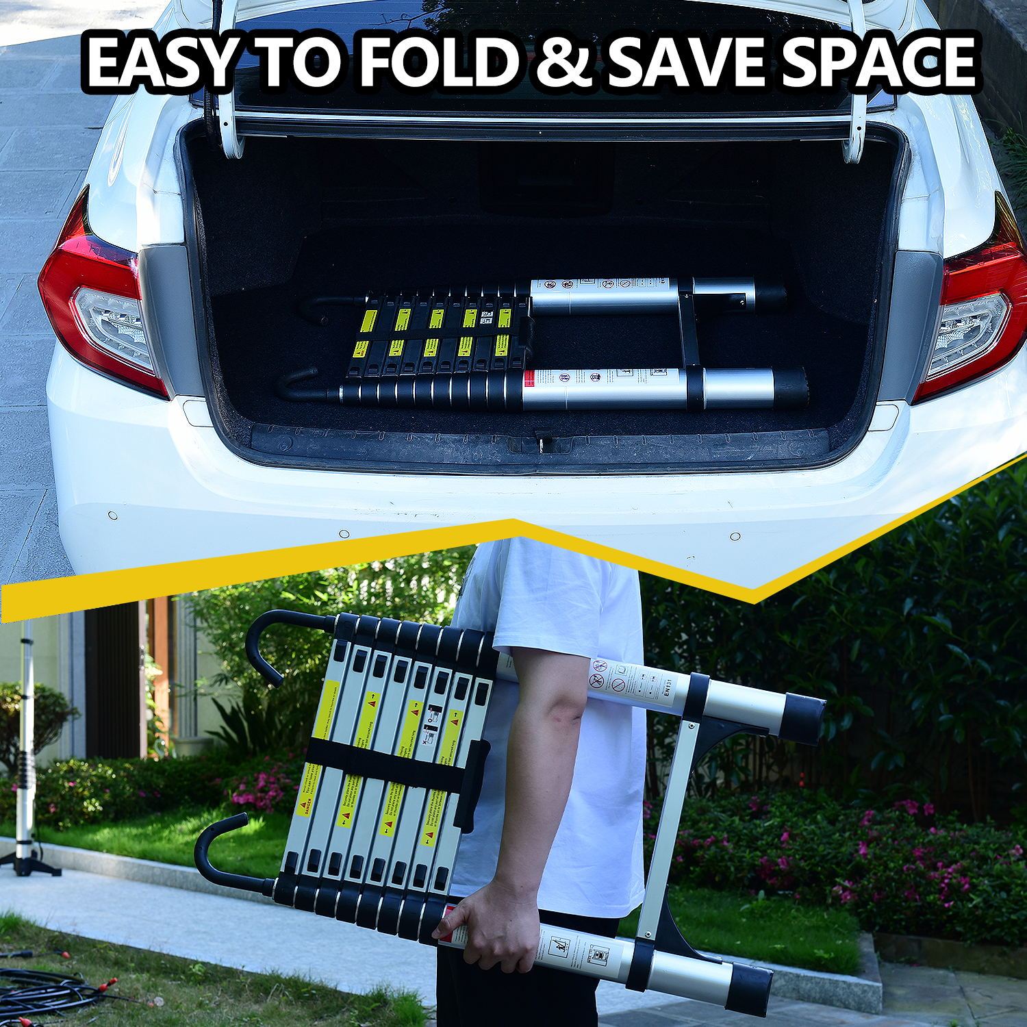 8.5Ft Telescopic Ladder, Telescopic Aluminum Alloy Multi Purpose Folding Telescopic Ladder With Hooks And Triangular Support Frame, Suitable For Outdoor Work At Home Or Rv Antique Silver Aluminium