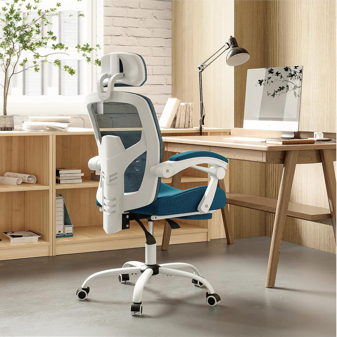 Retractable Footrest Ergonomic Swivel Office Chair With Lumbar Support Pillow And Padded Armrests, Blue Blue Metal