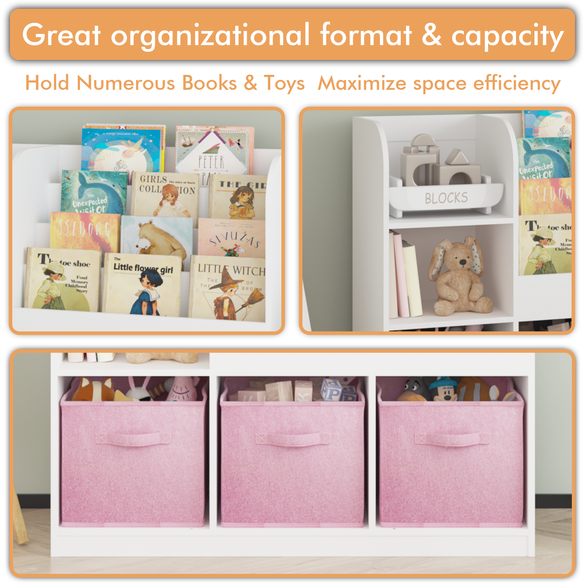 Kids Bookcase And Bookshelf, Multifunctional Bookcase With 3 Collapsible Fabric Drawers, Bookcase Display Stand, Toy Storage Organizer For Bedroom, Playroom, Hallway White Pink White Pink Fabric,Mdf