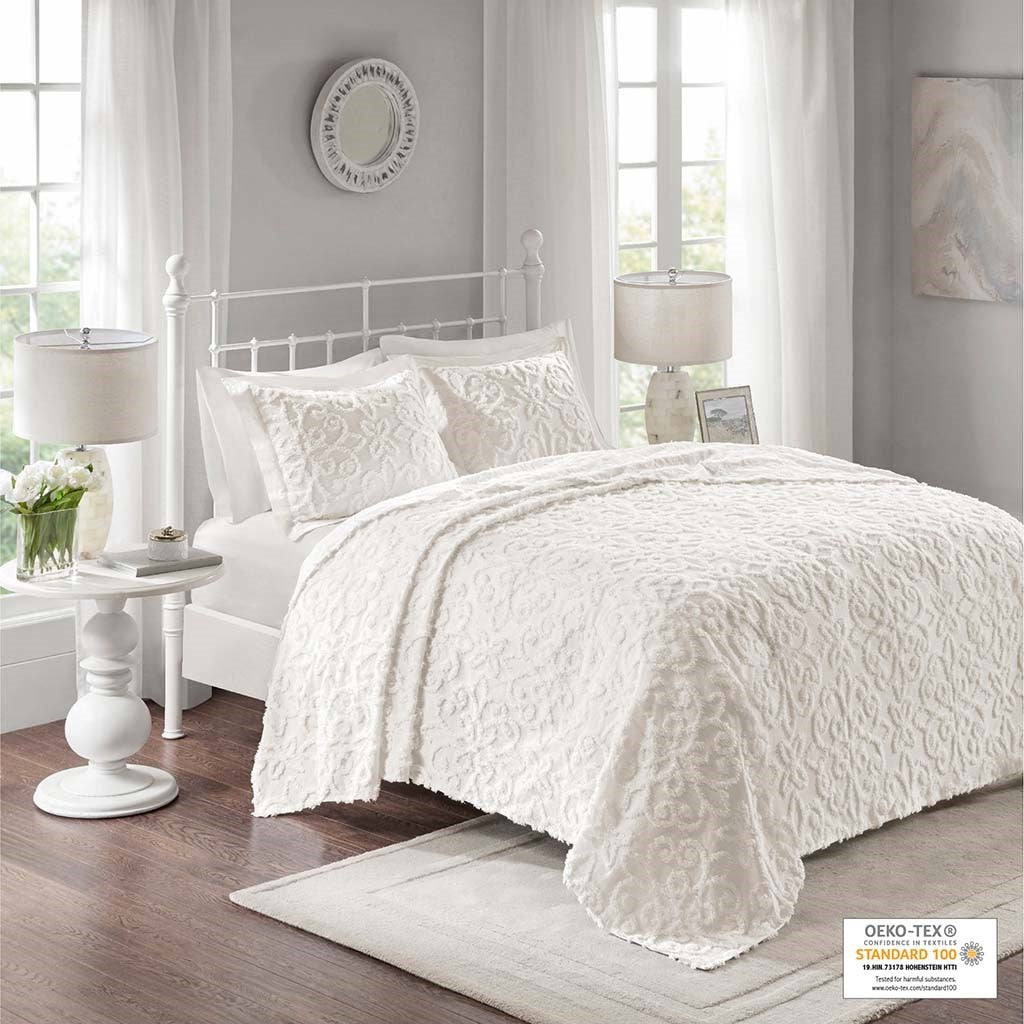 3 Piece Tufted Cotton Chenille Bedspread Set Off White King Cal King Off White Cotton