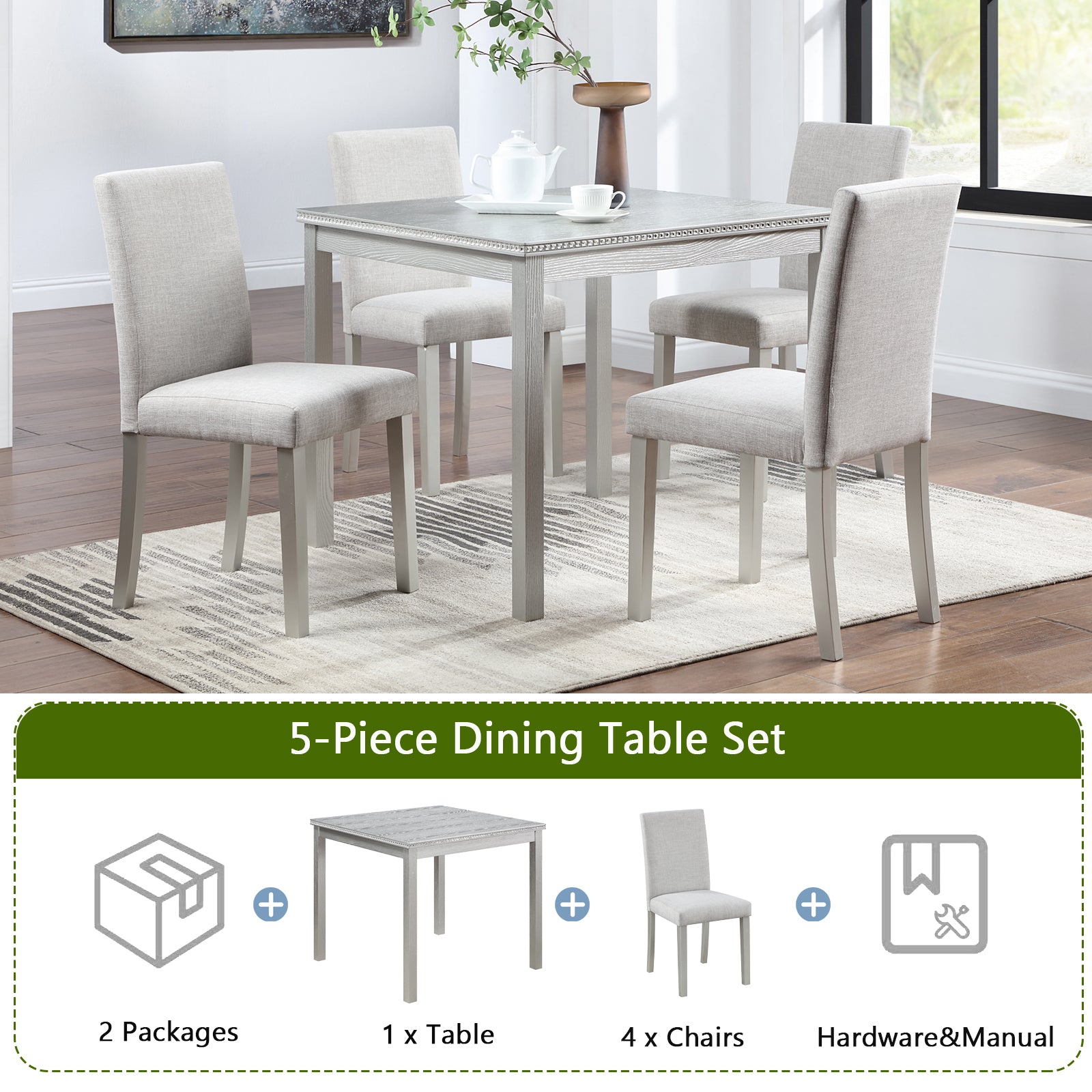 5 Piece Wooden Dining Table Set, Kitchen Table Set With A Square Table And 4 Upholstered Chairs, Wooden Dining Room Table With Crystal Decoration And Chairs Set For Kitchen, Dining Room, Silver Grey Beige Silver Gray Seats 4 Dining Room 4 Leg Square