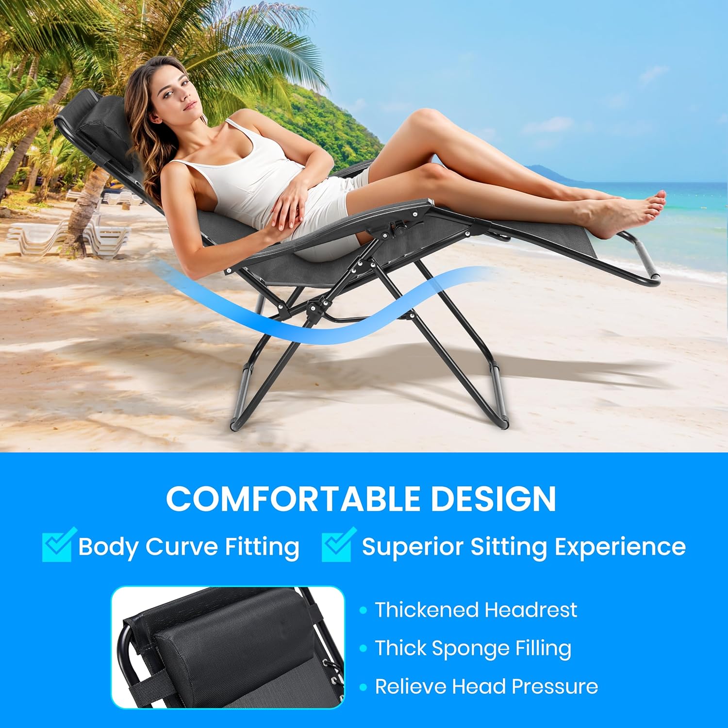 2 Set Zero Gravity Chairs Patio Portable Reclining Folding Lounge Chair Beach Camping Chairs With Pillow And Cup Holder Trays For Garden, Poolside, Black Black Steel