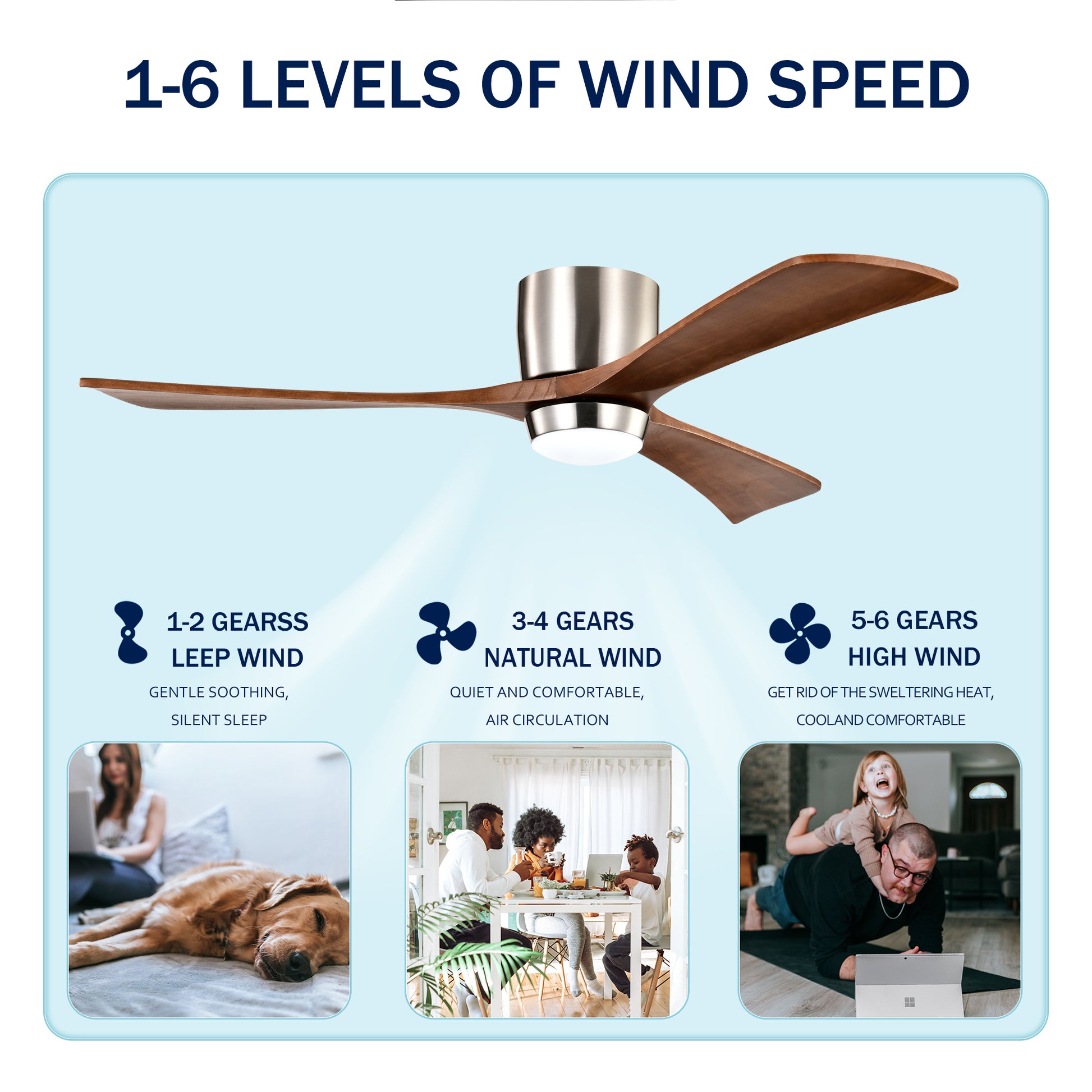 52" Ceiling Fan With Lights Remote Control,Quiet Dc Motor 3 Wood Blade Ceiling Fans 6 Speed Levels,Reversible Ceiling Fan, For Patio Living Room, Bedroom, Office,Indoor. Stain Nickel Walnut Nickel