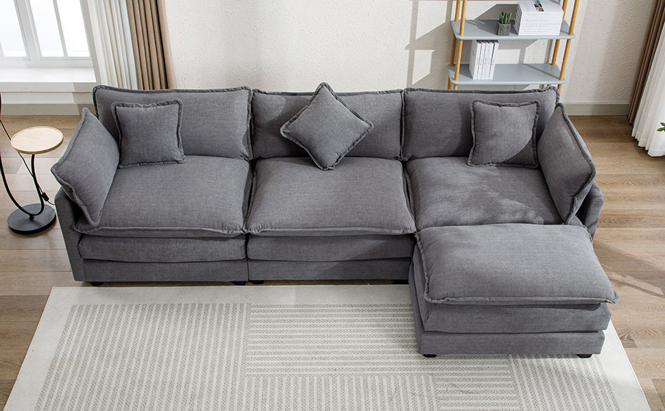 112.2" L Shape Chenille Upholstered Sofa For Living Room Modern Luxury Sofa Couch With Ottoman, 5 Pillows, Gray Gray Foam 4 Seat