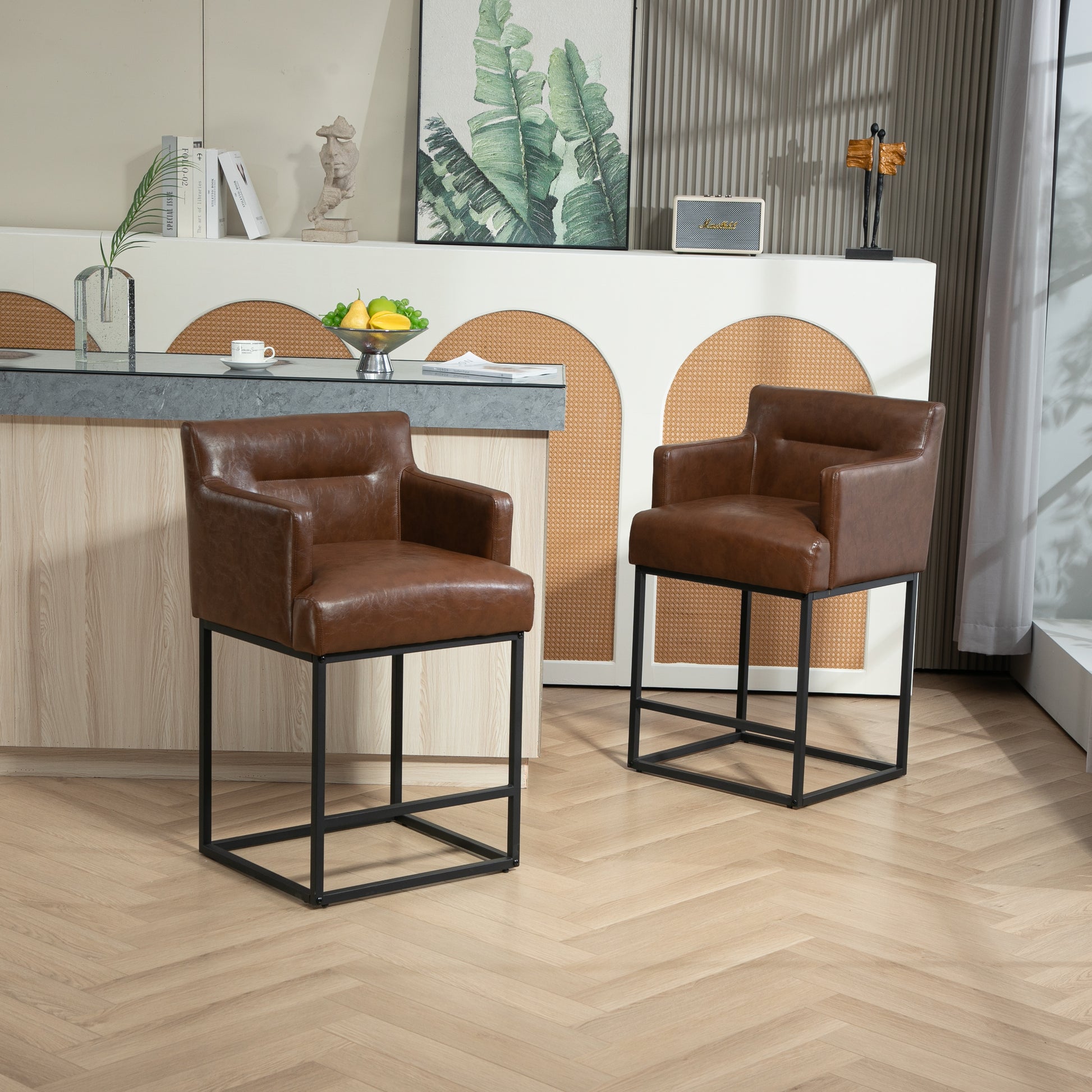 Coolmore Counter Height Bar Stools Set Of 2, Modern Square Bar Stool With Back, Black Metal Frames, Upholstered Bar Stools For Kitchen Island, Pub, Club Brown Pu Brown Pu Primary Living Space Foam Pu