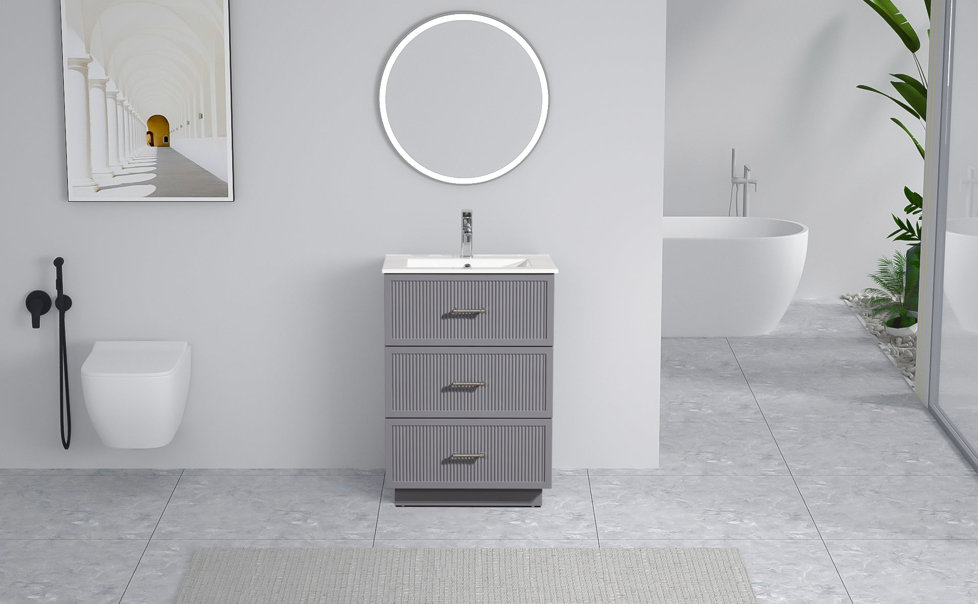 24 Inch Bathroom Vanity With Ceramic Sink Set, Modern Freestanding Bathroom Storage Cabinet With 2 Drawers, Floor Standing Bath Vanity Combo, Gray Grey Mdf