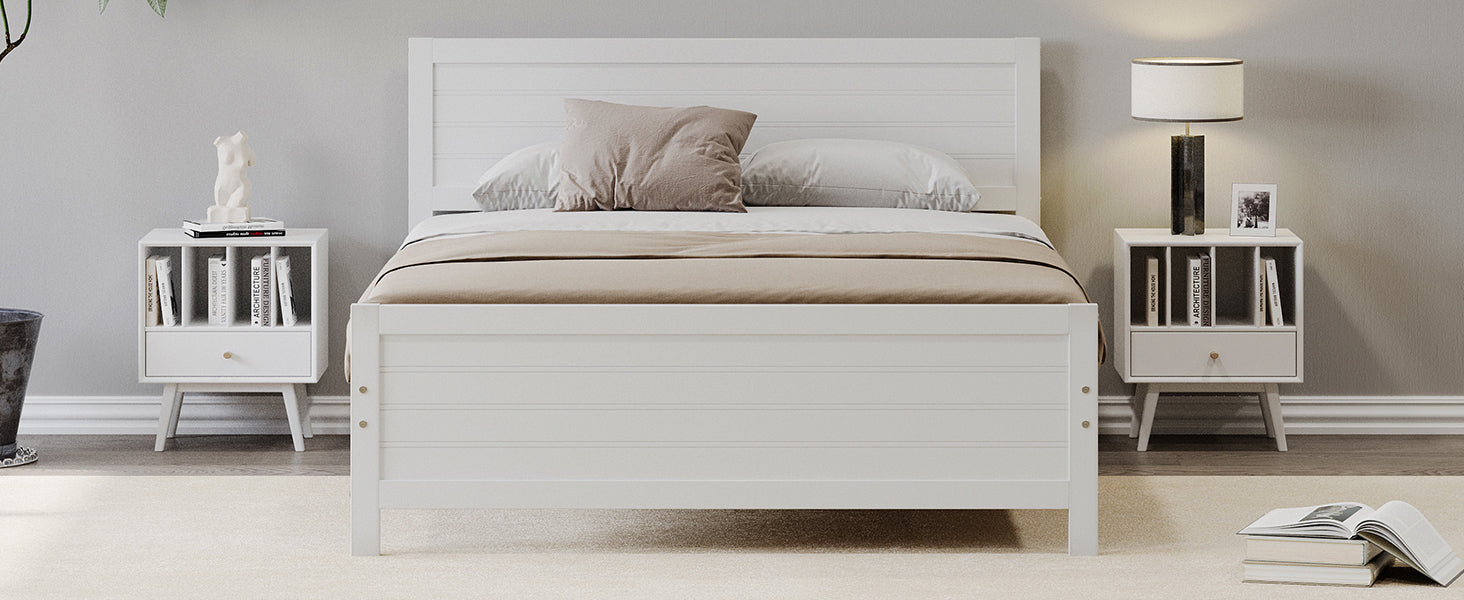 Wood Platform Bed Frame With Headboard, Mattress Foundation With Wood Slat Support, No Box Spring Needed, Queen Size, White Box Spring Not Required Queen White Wood Solid Wood Mdf