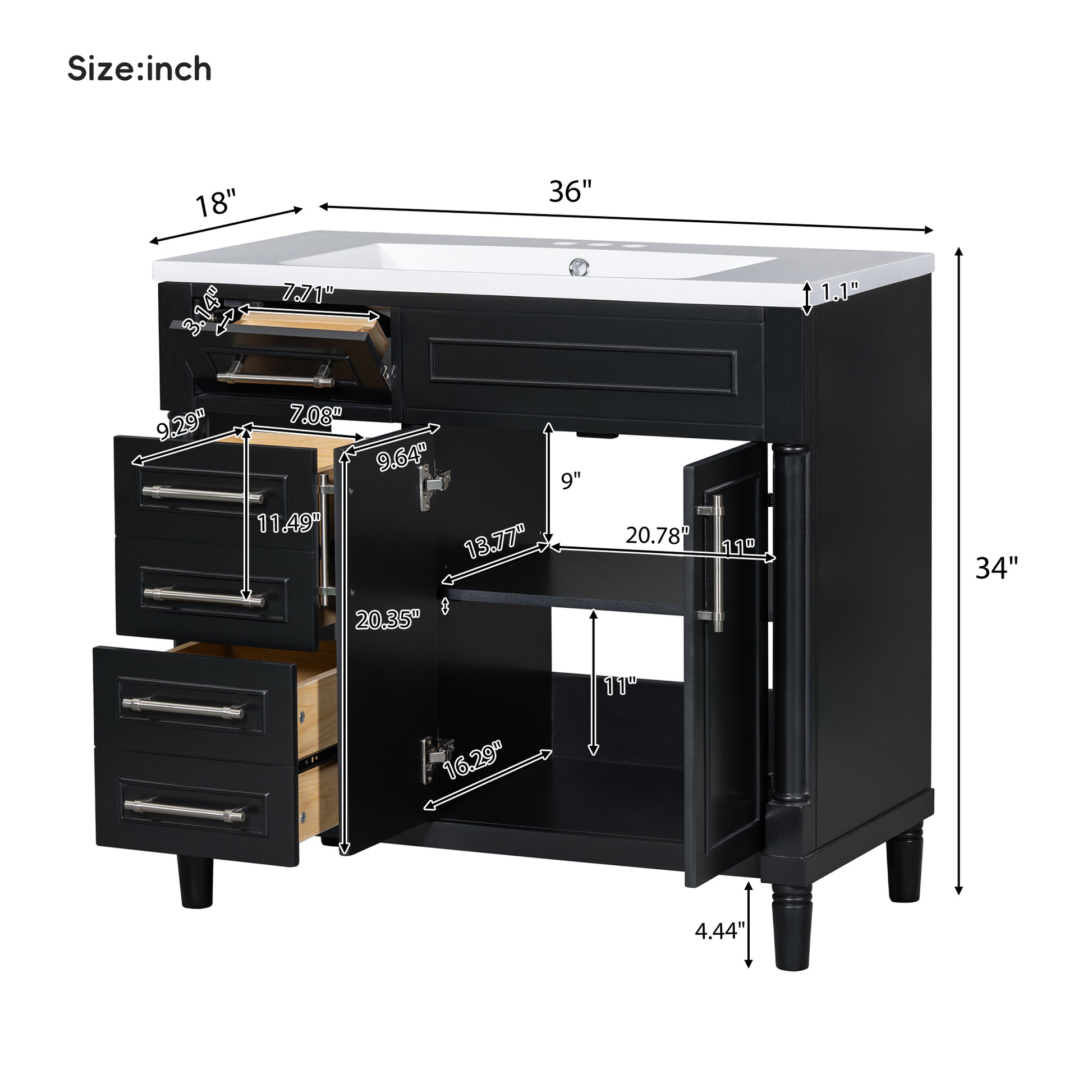 36'' Bathroom Vanity With Top Resin Sink, Freestanding Bathroom Storage Cabinet With 2 Drawers And A Tip Out Drawer, Solid Wood Frame Vanity Set, Height Adjustable Shelf Black Bathroom Solid Wood