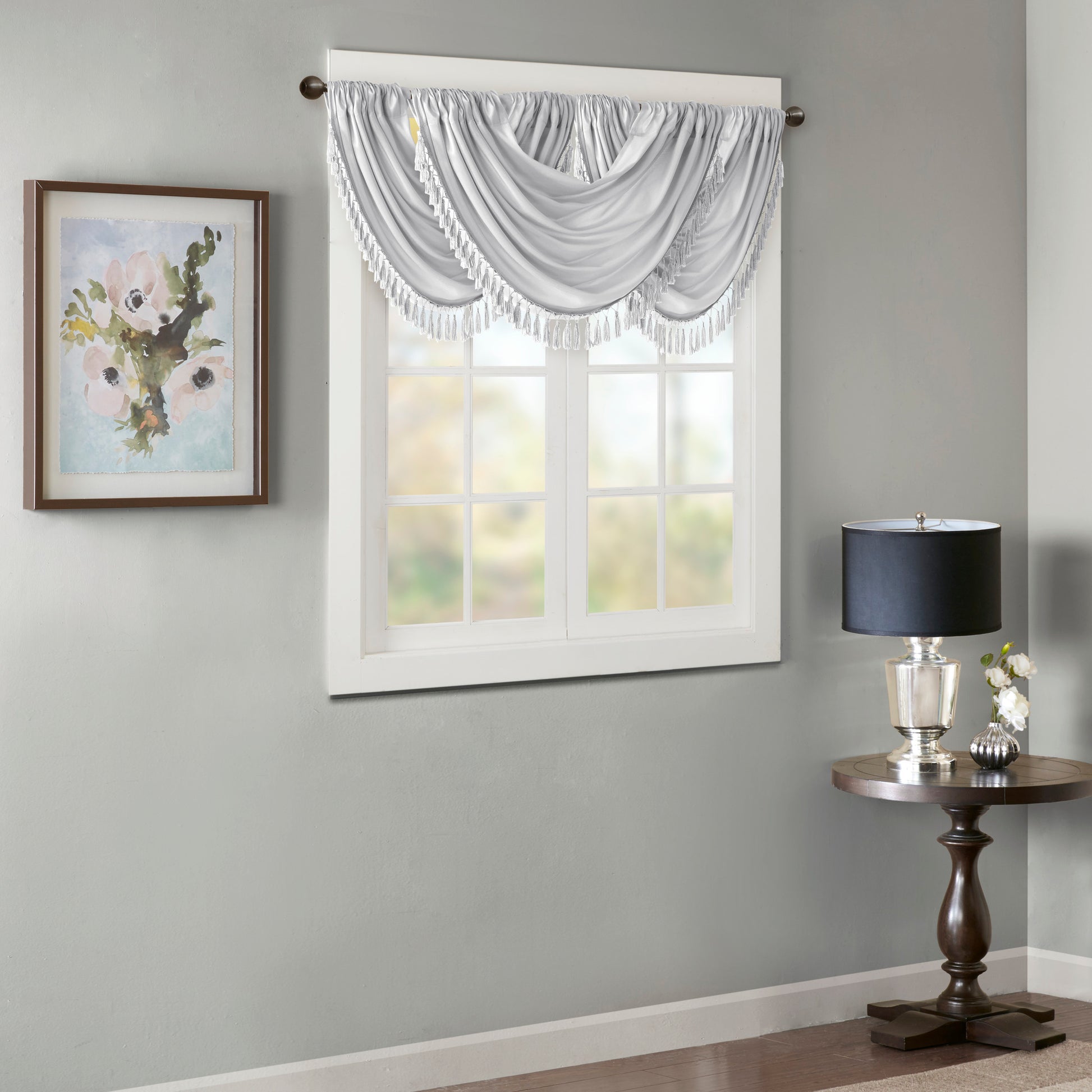 Faux Silk Waterfall Embellished Valance Silver 38X46" Silver Polyester