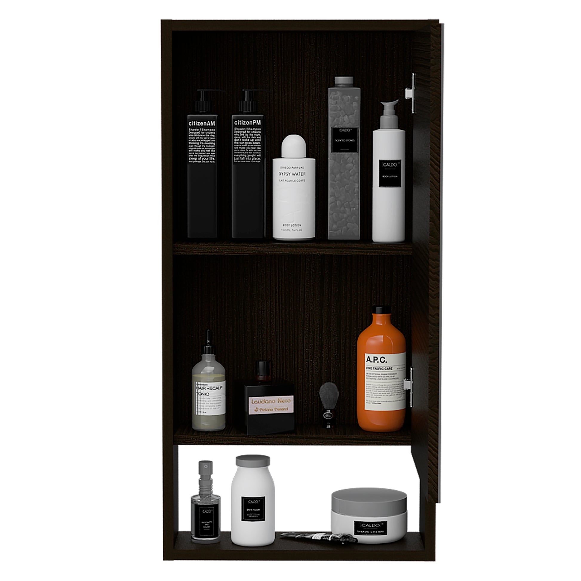Medicine 35H" Single Door Cabinet, Two Interior Shelves, One External Shelf, Black Black Particle Board Particle Board