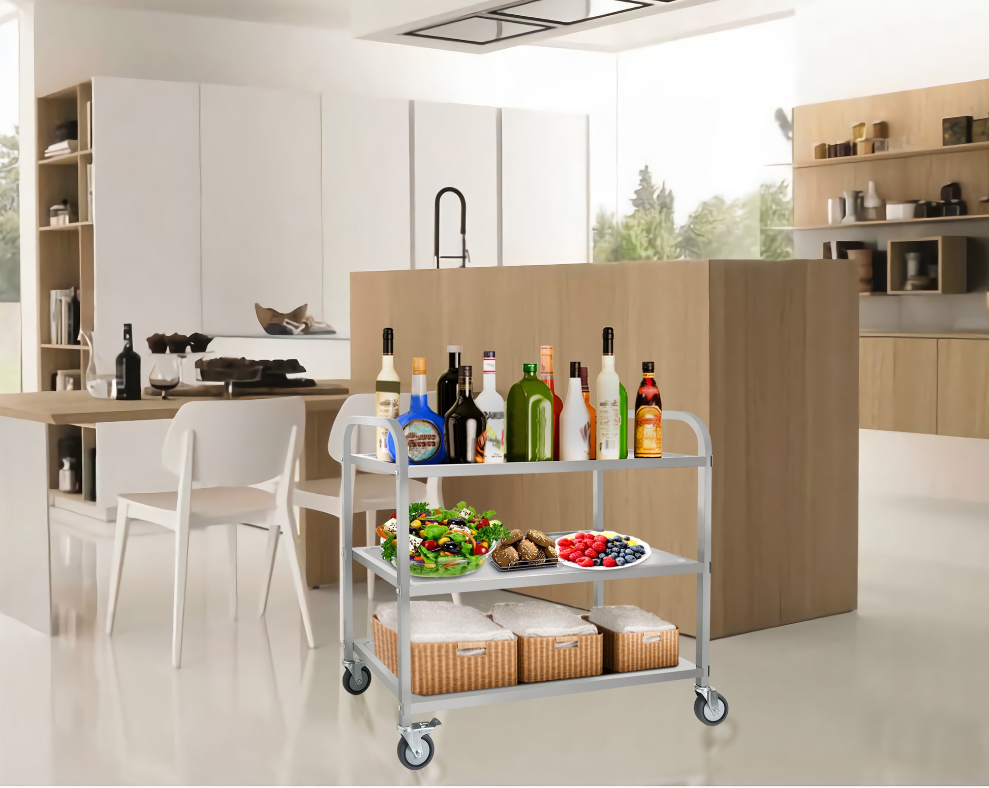 3 Tier Stainless Steel Cart, Serving Cart With Wheels, Restaurant, Household, Service Trolley, 360 Rotation Storage Cart With Locking Wheels 37.4 * 19.2 * 36.6'' L*W*H Rolling Kitchen Food Cart White Silver Stainless Steel