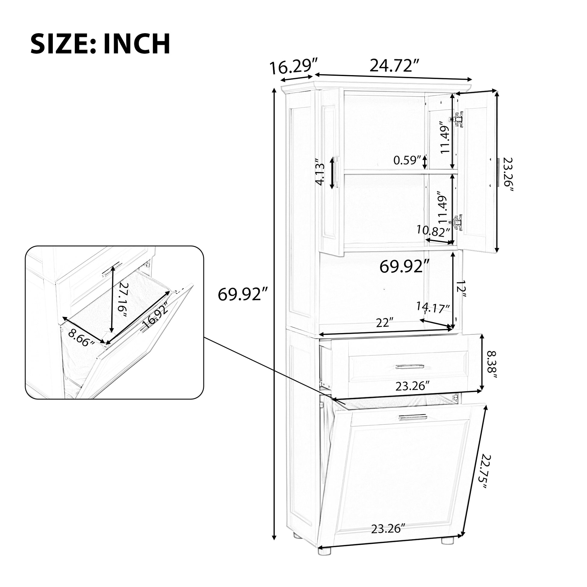 Tall Bathroom Cabinet With Laundry Basket, Large Storage Space Tilt Out Laundry Hamper And Upper Storage Cabinet, White White Mdf
