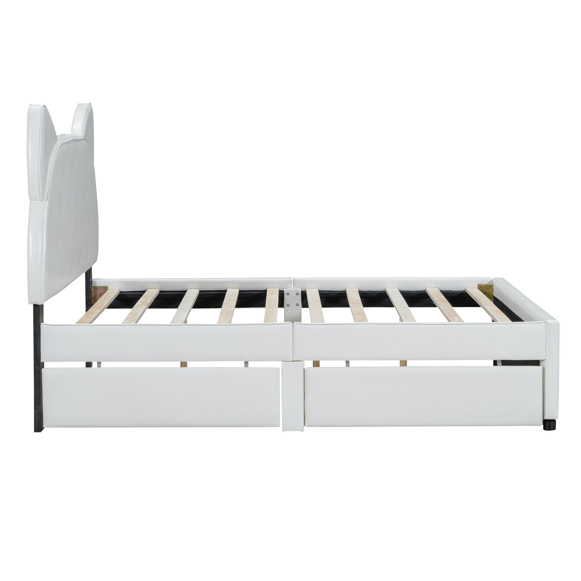 Full Size Upholstered Platform Bed With Cartoon Ears Shaped Headboard And 2 Drawers, White Box Spring Not Required Full White Wood Bedroom Bed Frame Faux Leather Upholstered
