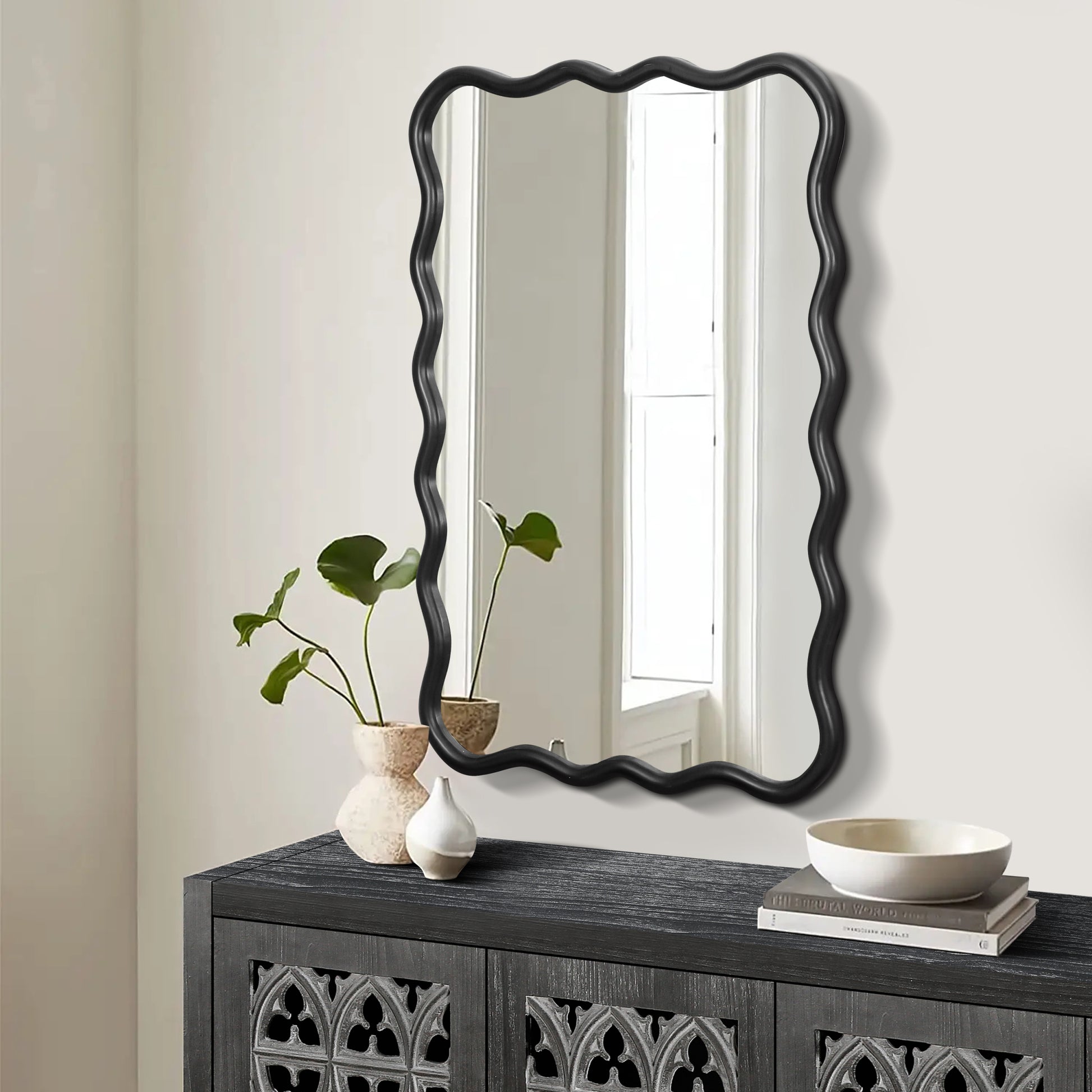 Solid Wood Wavy Rectangle Mirror Black 40" X 28" Modern Mirror Wall Decor For Bathroom, Bedroom, Living Room, Dining Room, Cloakroom, Entryway Antique Black Glass Solid Wood