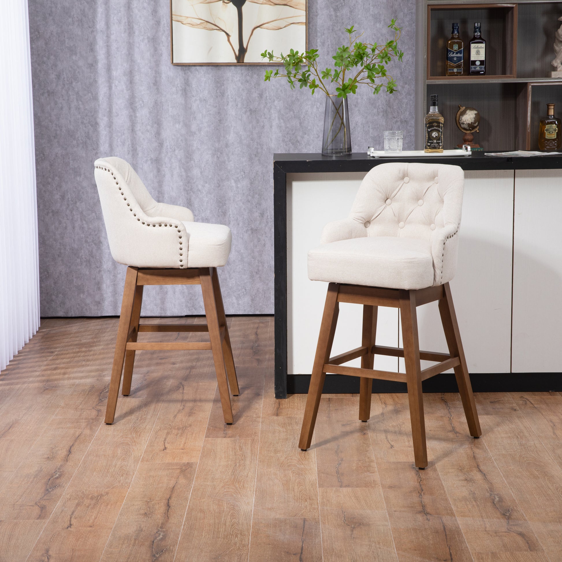 Coolmore Bar Stools Set Of 2 Counter Height Chairs With Footrest For Kitchen, Dining Room And 360 Degree Solid Wood Legs Swivel Bar Stools Set Of 2 Beige Linen Beige Foam Linen
