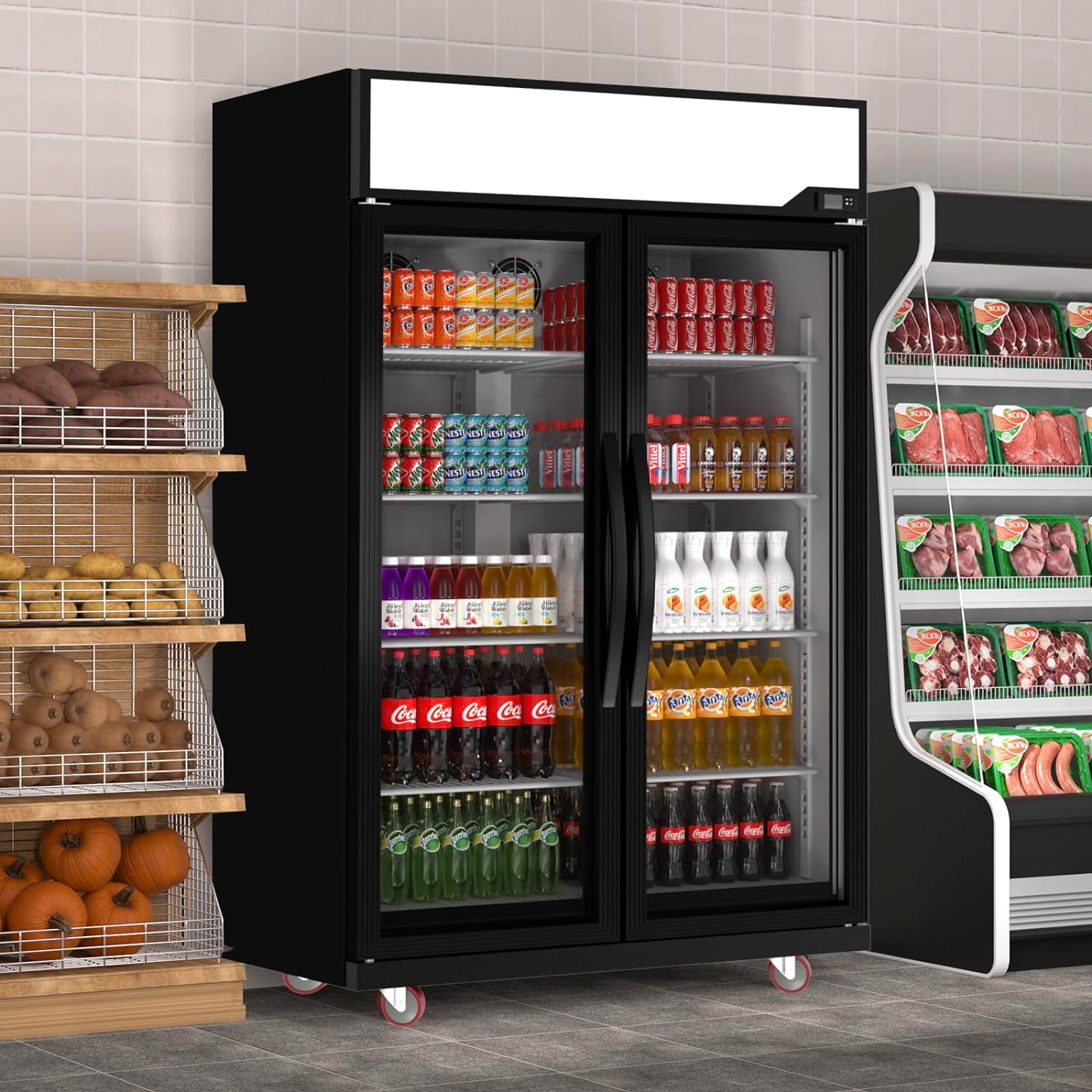 Glass Door Merchandiser Refrigerator 39 Cu.Ft Swing Door Commercial Display Refrigerators Merchandising Refrigeration With Led Top Panel Black Silver Steel