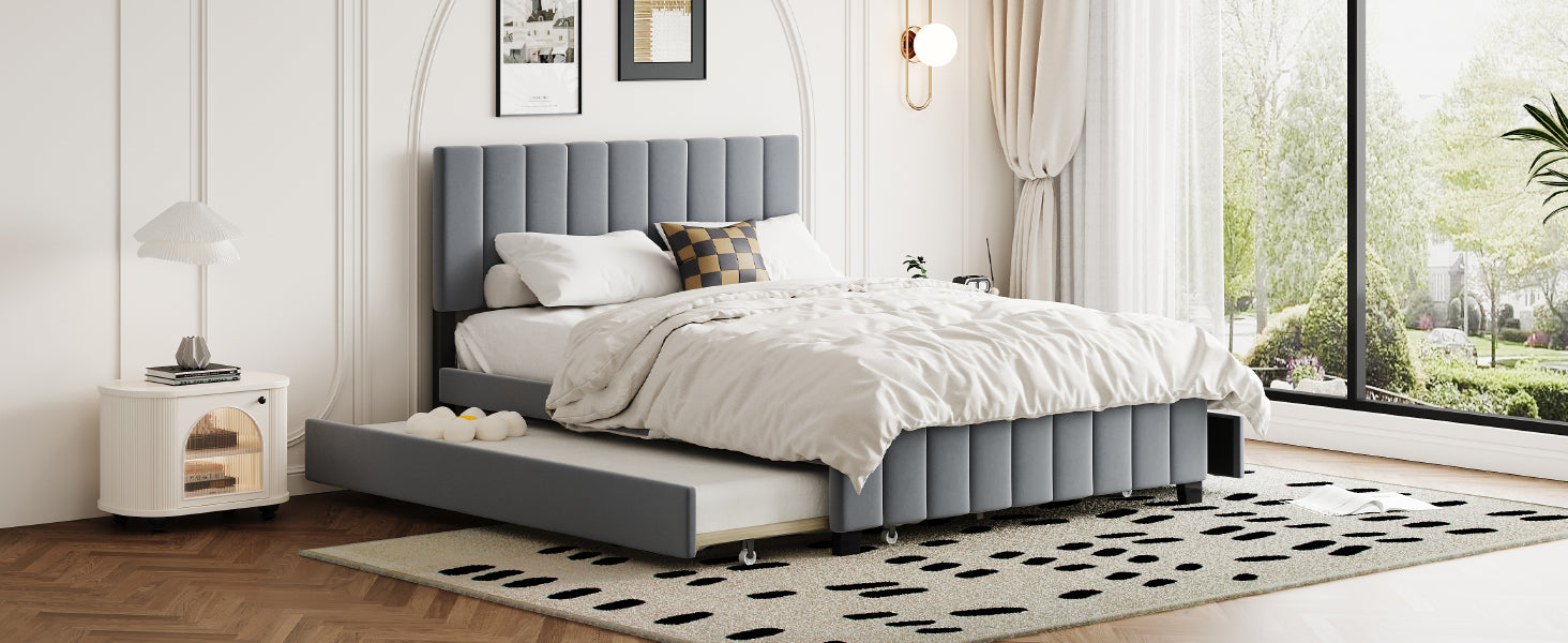 Queen Size Velvet Upholstered Platform Bed With 2 Drawers And 1 Twin Xl Trundle Gray Queen Gray Upholstered