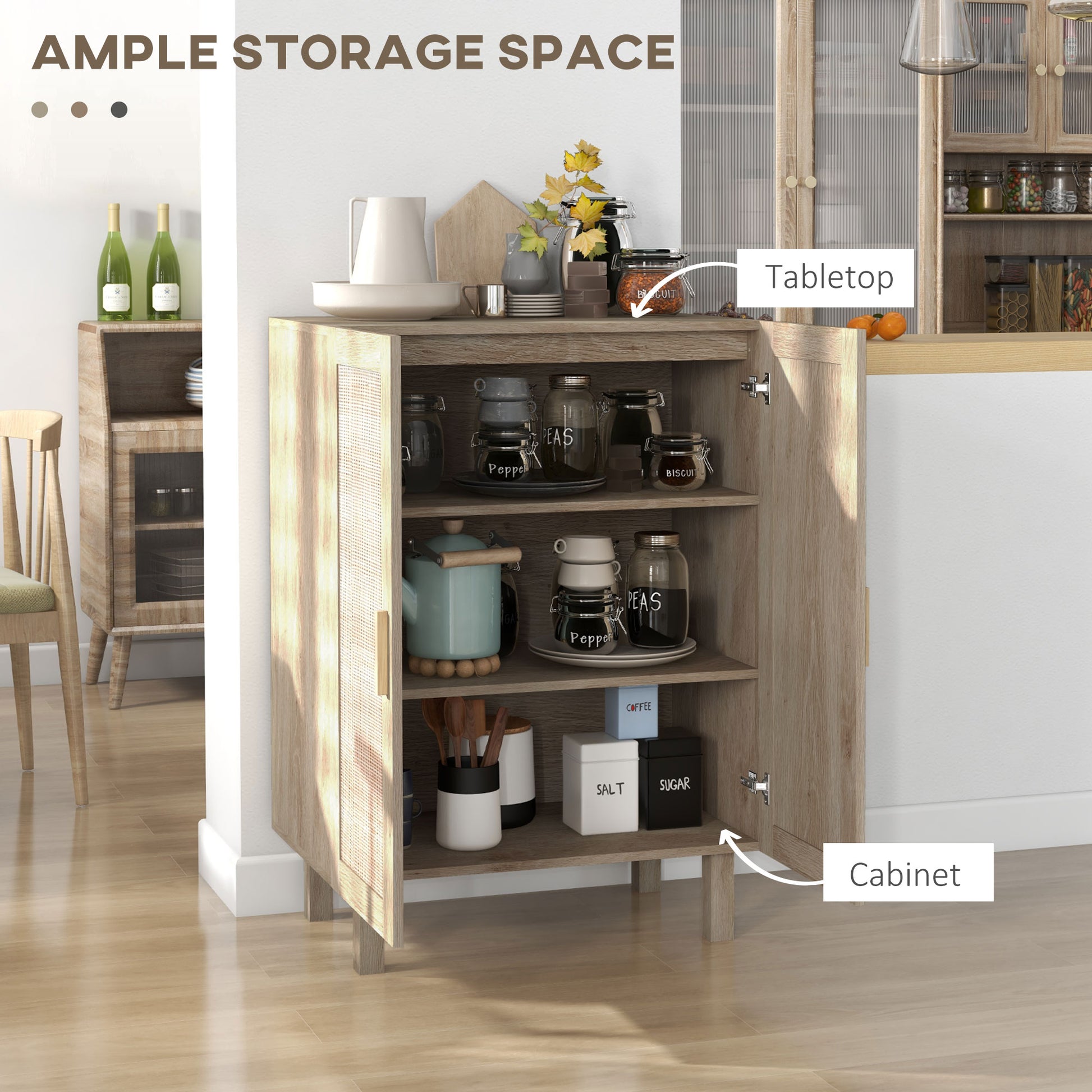 Homcom Sideboard Buffet Cabinet, Kitchen Cabinet, Coffee Bar Cabinet With 2 Rattan Doors And Adjustable Shelves, Natural Natural Wood Particle Board