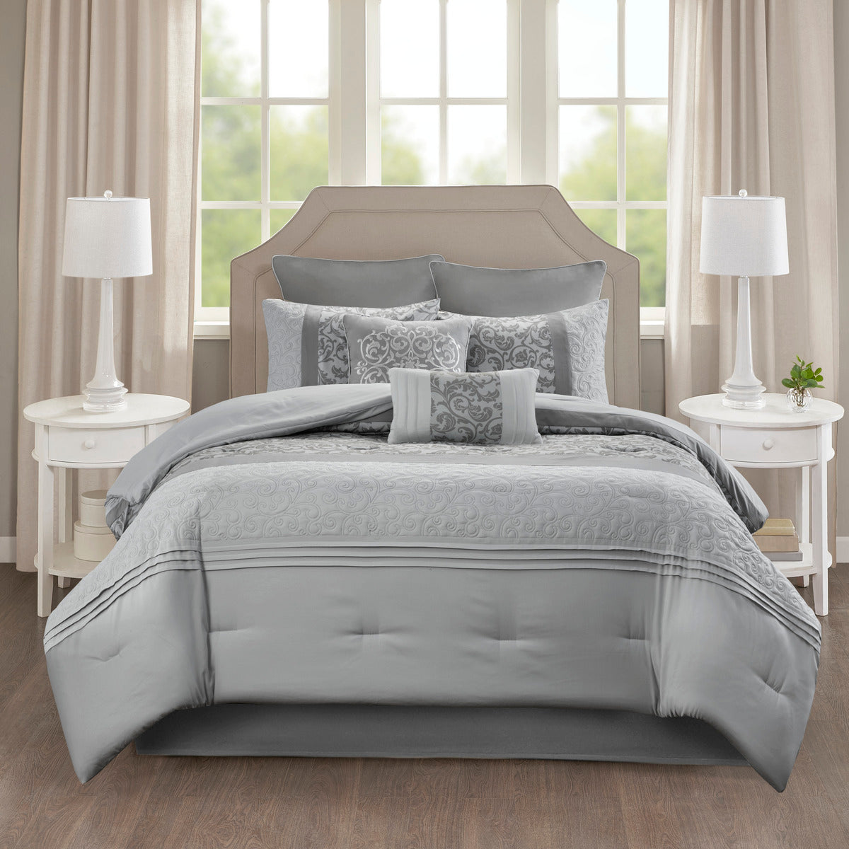 Embroidered 8 Piece Comforter Set Grey Queen Queen Grey Polyester