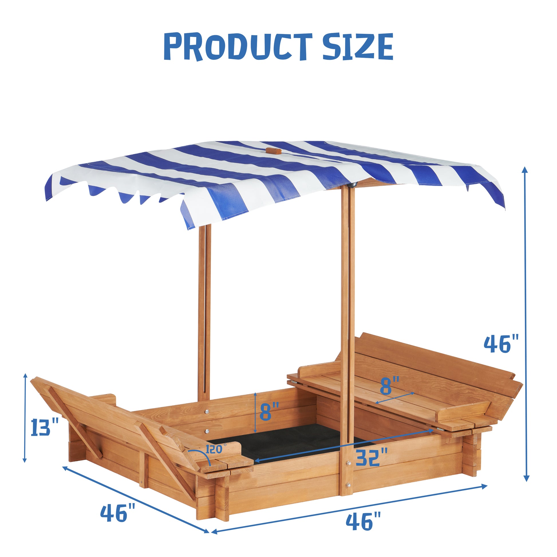 Kids Sandbox With Adjustable Cover, 46'' Wooden Sand Box With 2 Foldable Bench Seats, Outdoor Sandpit For Backyard Play Light Brown Solid Wood
